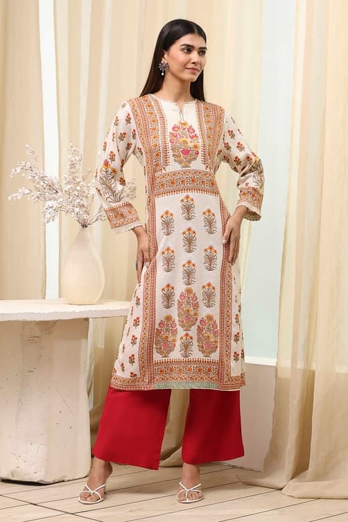 Women's Off-White Printed Straight Kurta