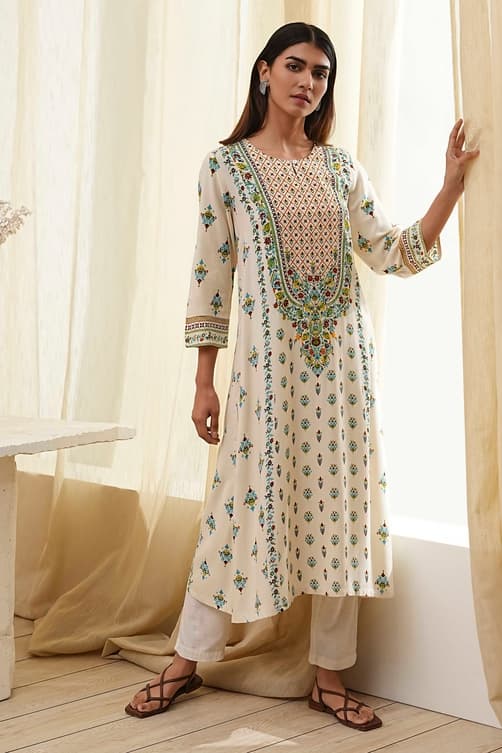 Women's Cream-Colored Printed Straight Kurta