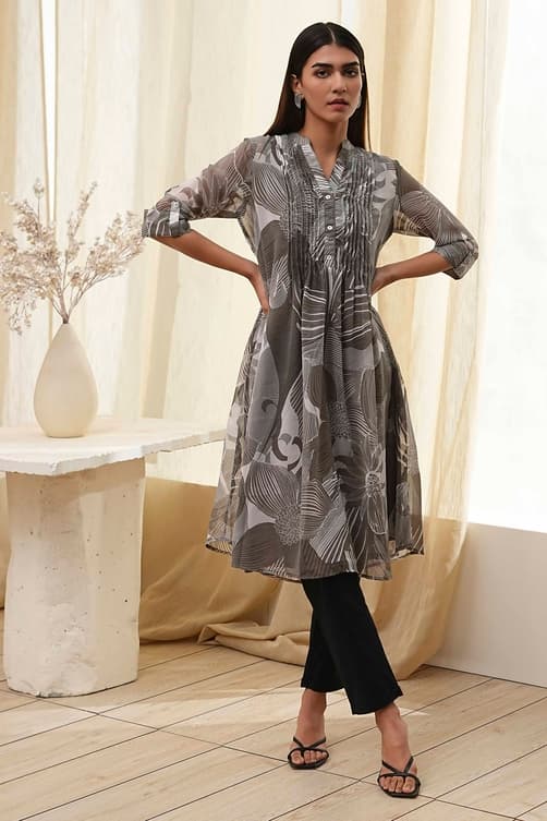 Women's Grey Printed Pleated A-Line Kurta