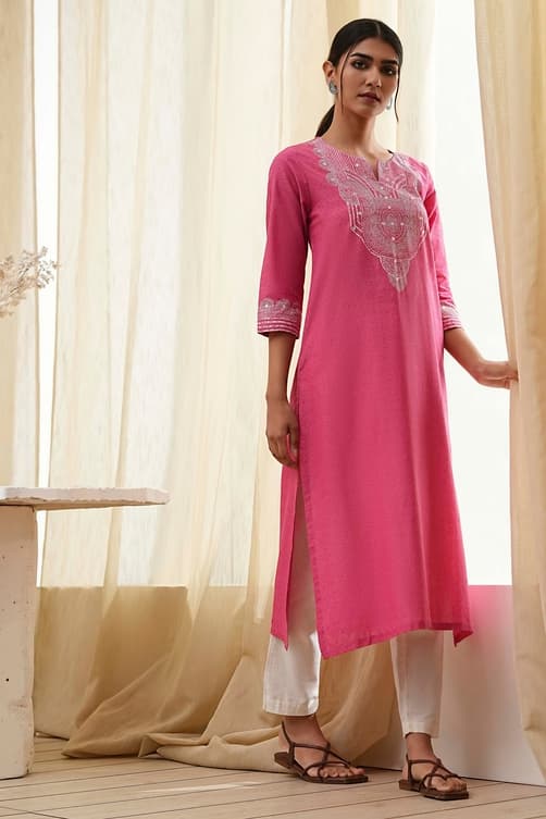 Women's Pink Pure Cotton Printed Straight Kurta