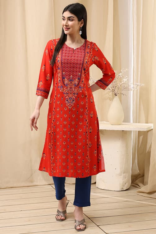 Women's Red Printed Straight Kurta