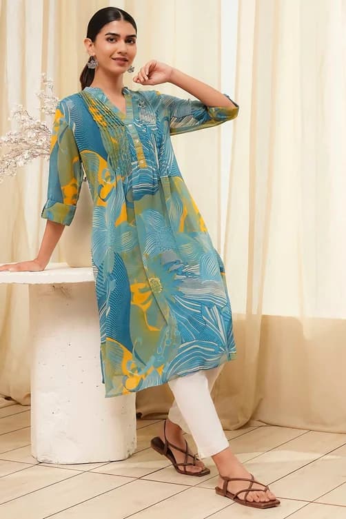 Women's Blue Printed Pleated A-Line Kurta