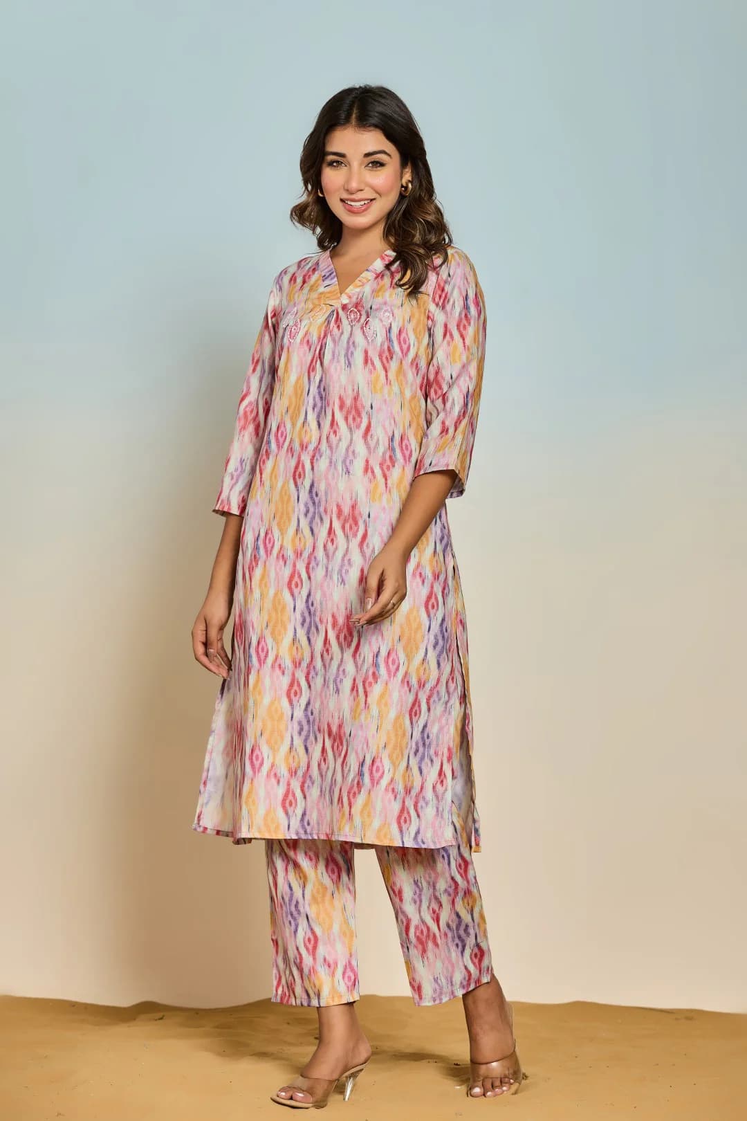 Women's Multicolor Festive Three Quarter Sleeves Linen Kurta Set