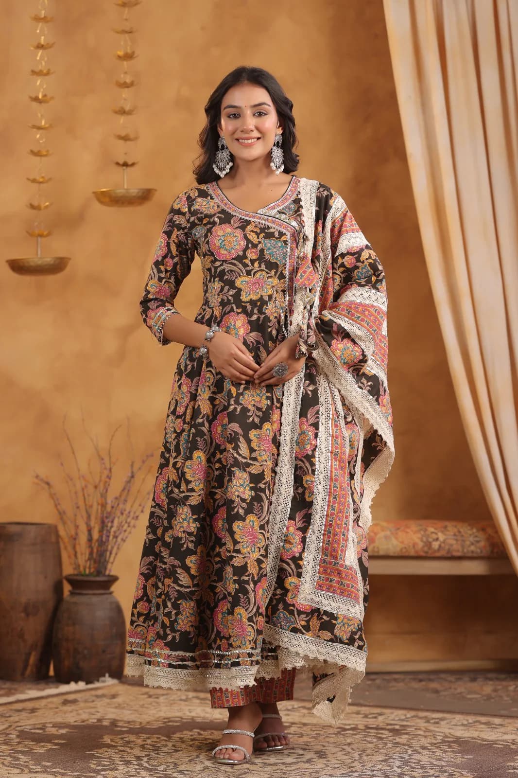 Women's Multicolor Festive Three Quarter Sleeves Cotton Salwar Suit with Dupatta