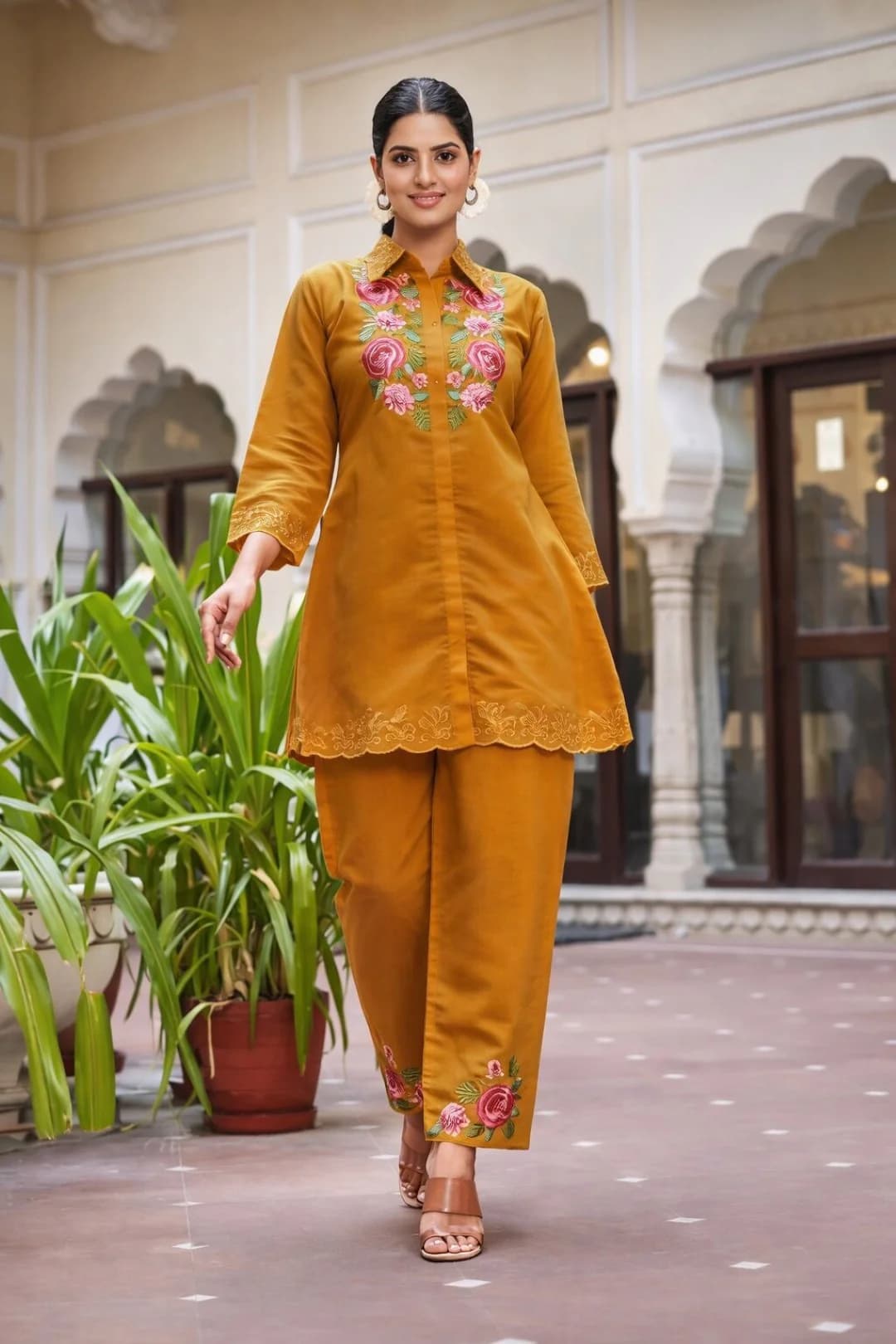 Women's Yellow Festive Three Quarter Sleeves Cotton Co-ords Set