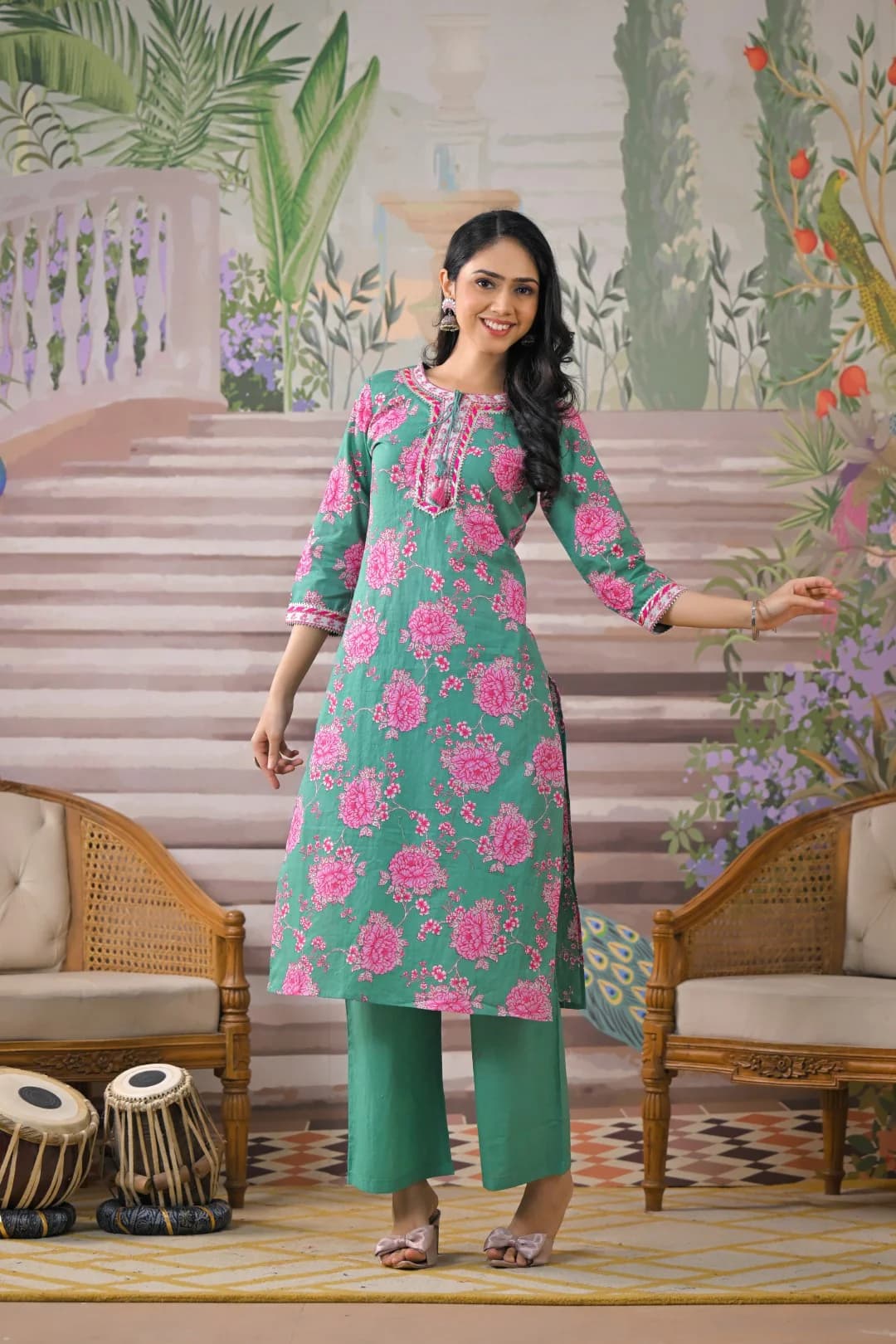 Women's Green Festive Three Quarter Sleeves Cotton Kurta Set