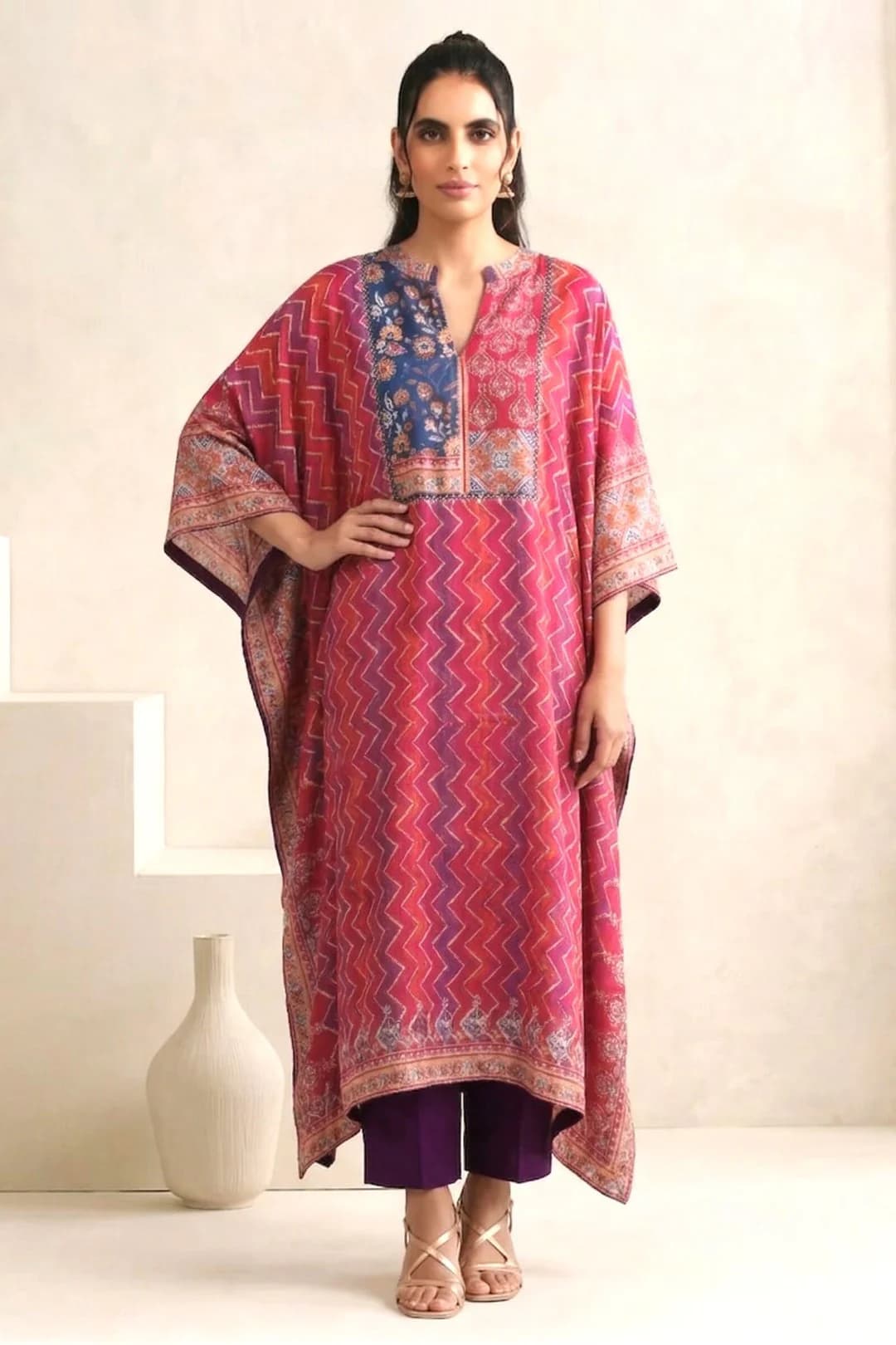 Women's Multicolor Festive Three Quarter Sleeves Cotton Kurta Set