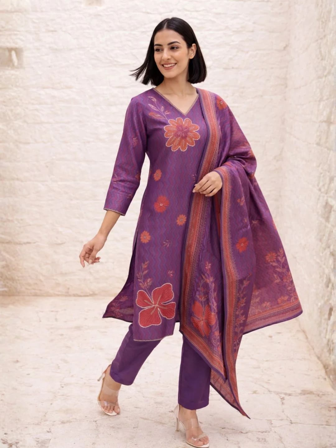 Women's Purple Festive Three Quarter Sleeves Silk Salwar Suit with Dupatta