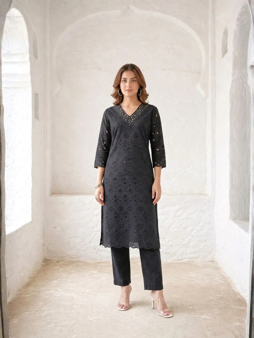 Women's Black Festive Three Quarter Sleeves Cotton Co-ords Set