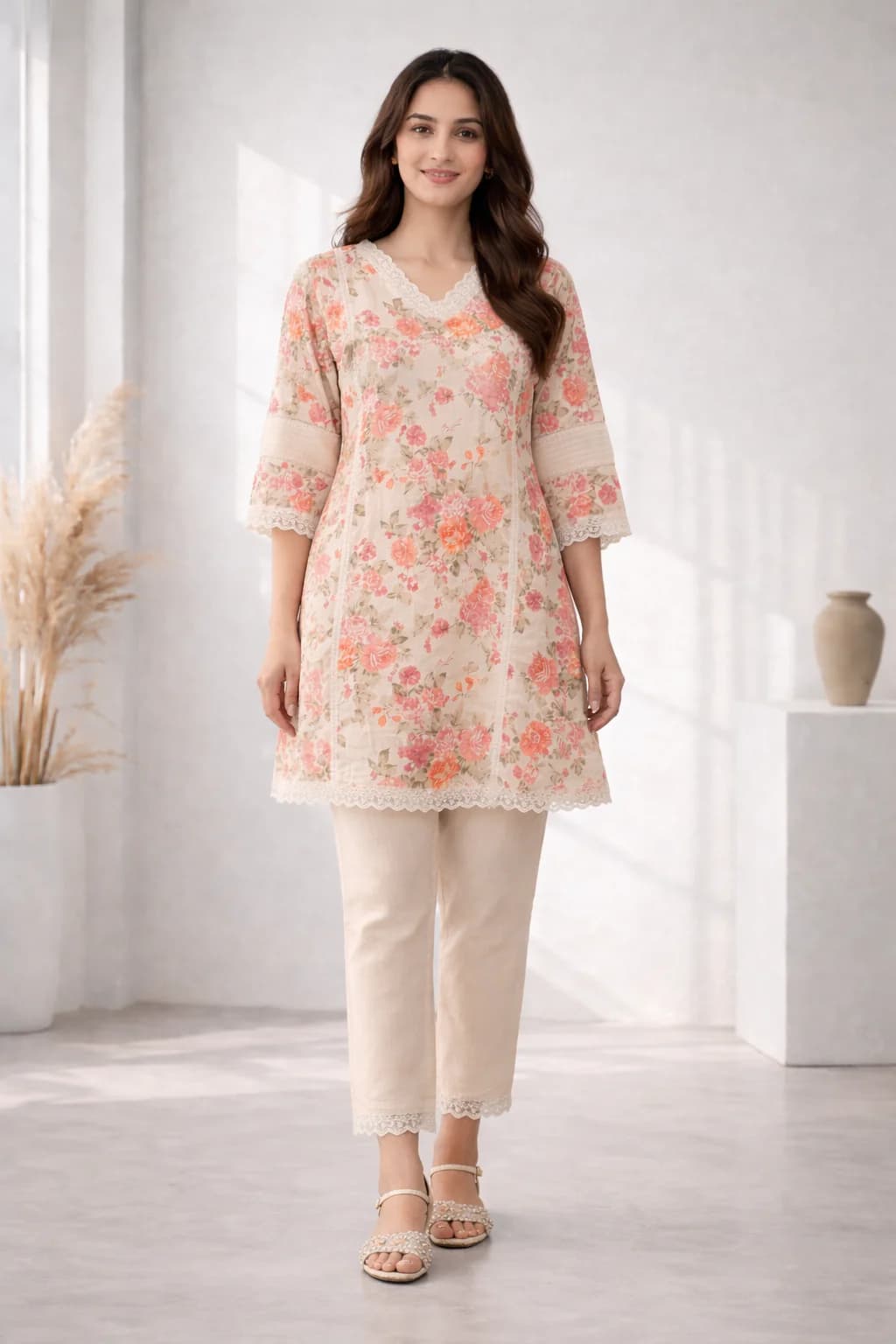 Women's Multicolor Festive Three Quarter Sleeves Cotton Kurta Set