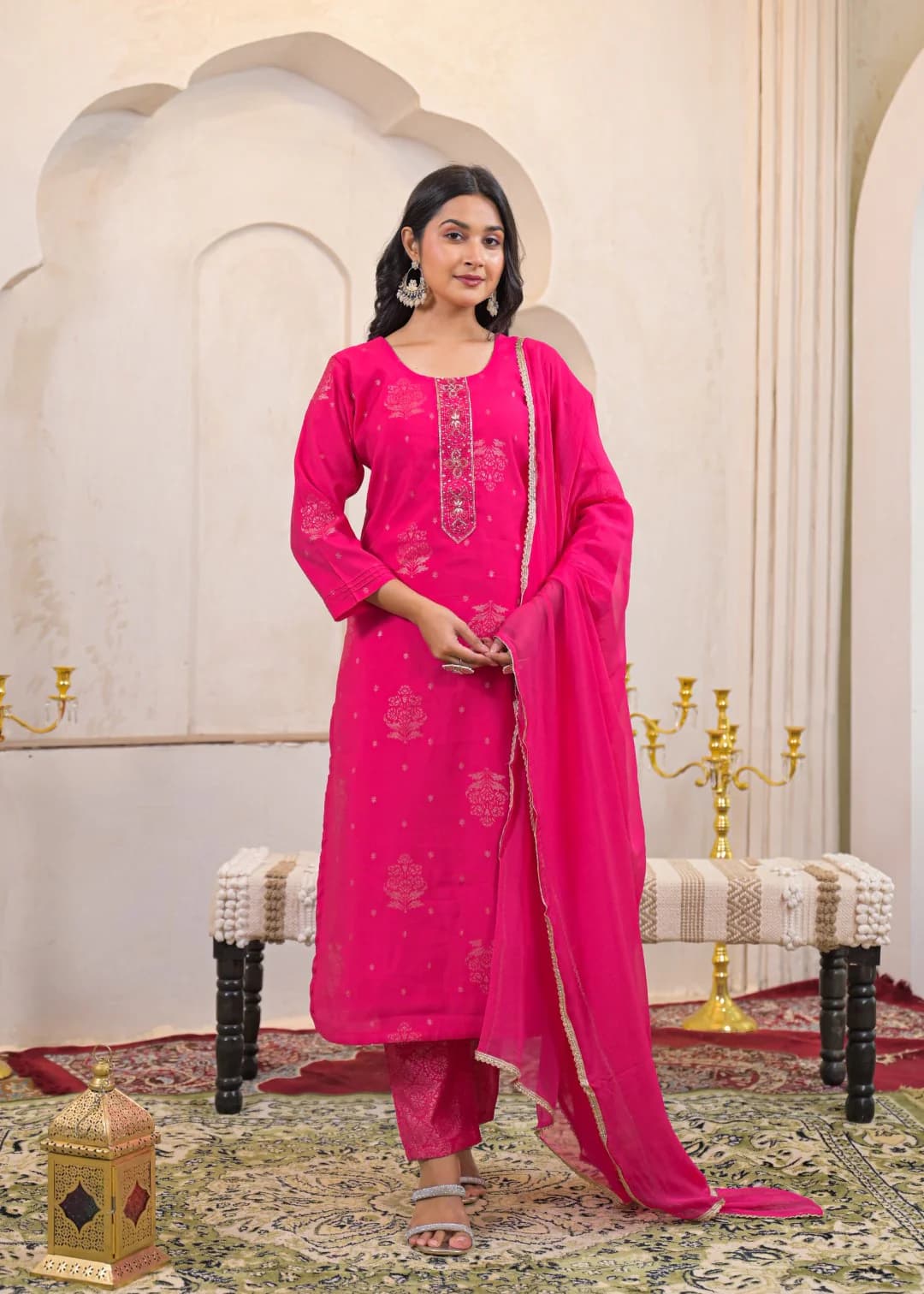 Women's Pink Festive Three Quarter Sleeves Cotton Salwar Suit with Dupatta