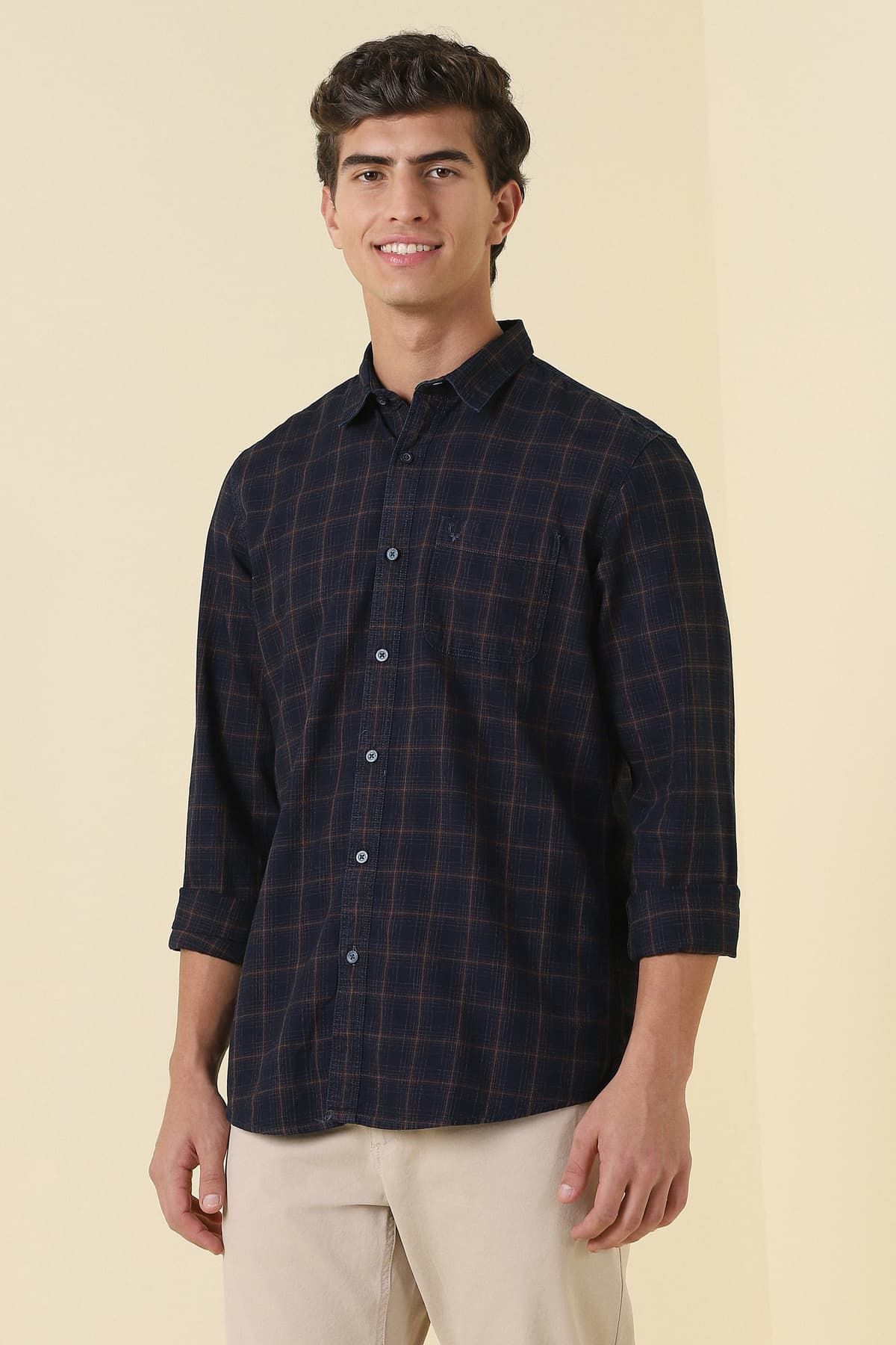 Men's Navy Casual Checked Regular Fit Full Sleeves Shirt
