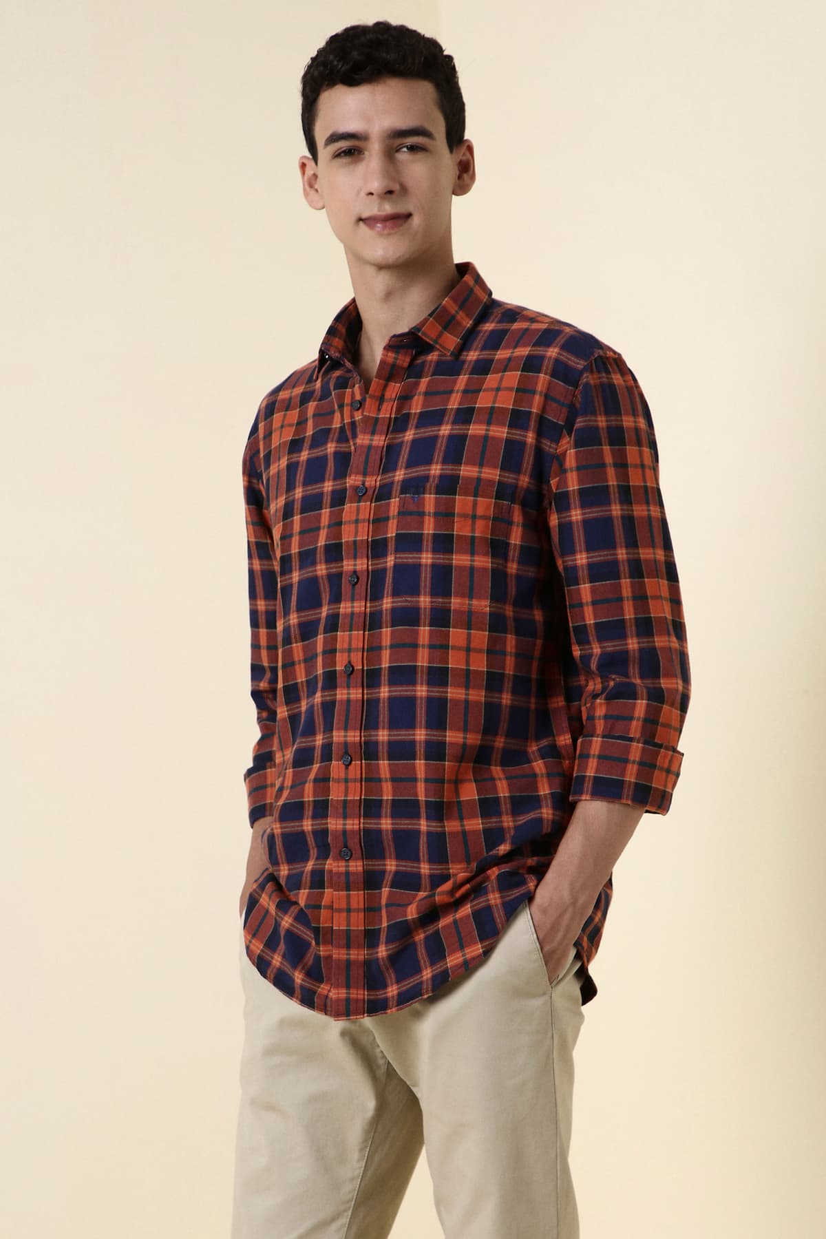 Men's Orange Casual Checked Regular Fit Full Sleeves Shirt