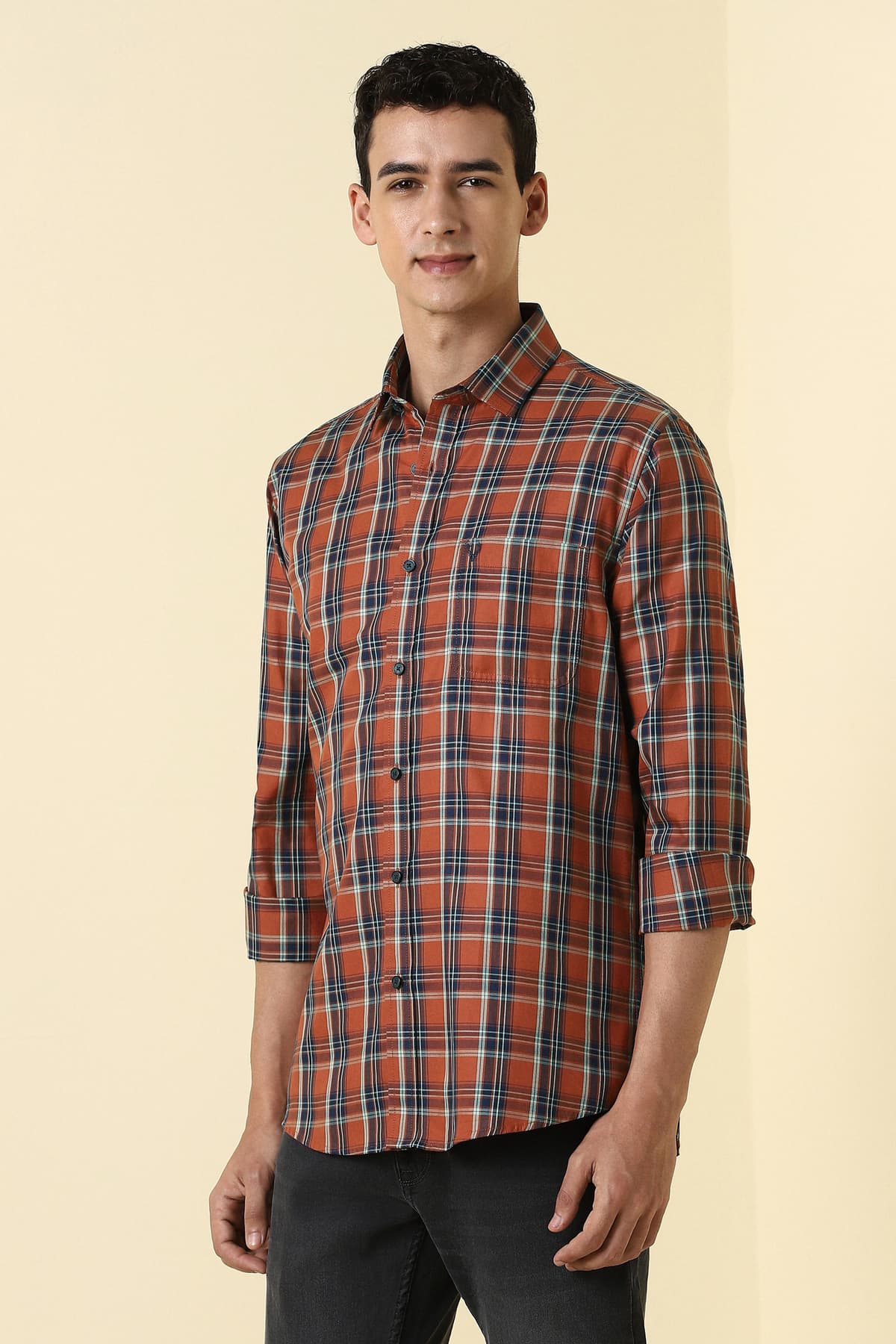 Men's Orange Casual Checked Regular Fit Full Sleeves Shirt