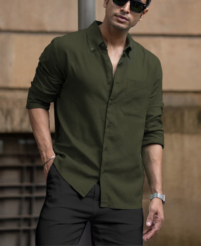 Men's Green Casual Linen Blend Shirt
