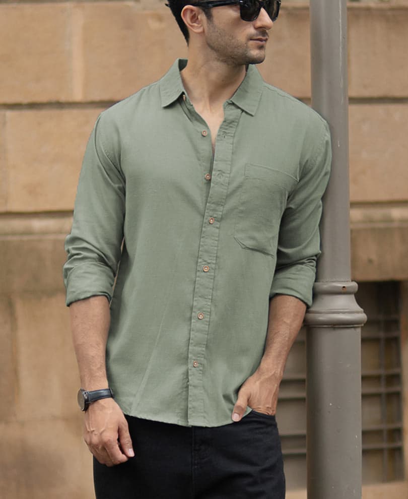 Men's Green Casual Linen Blend Shirt