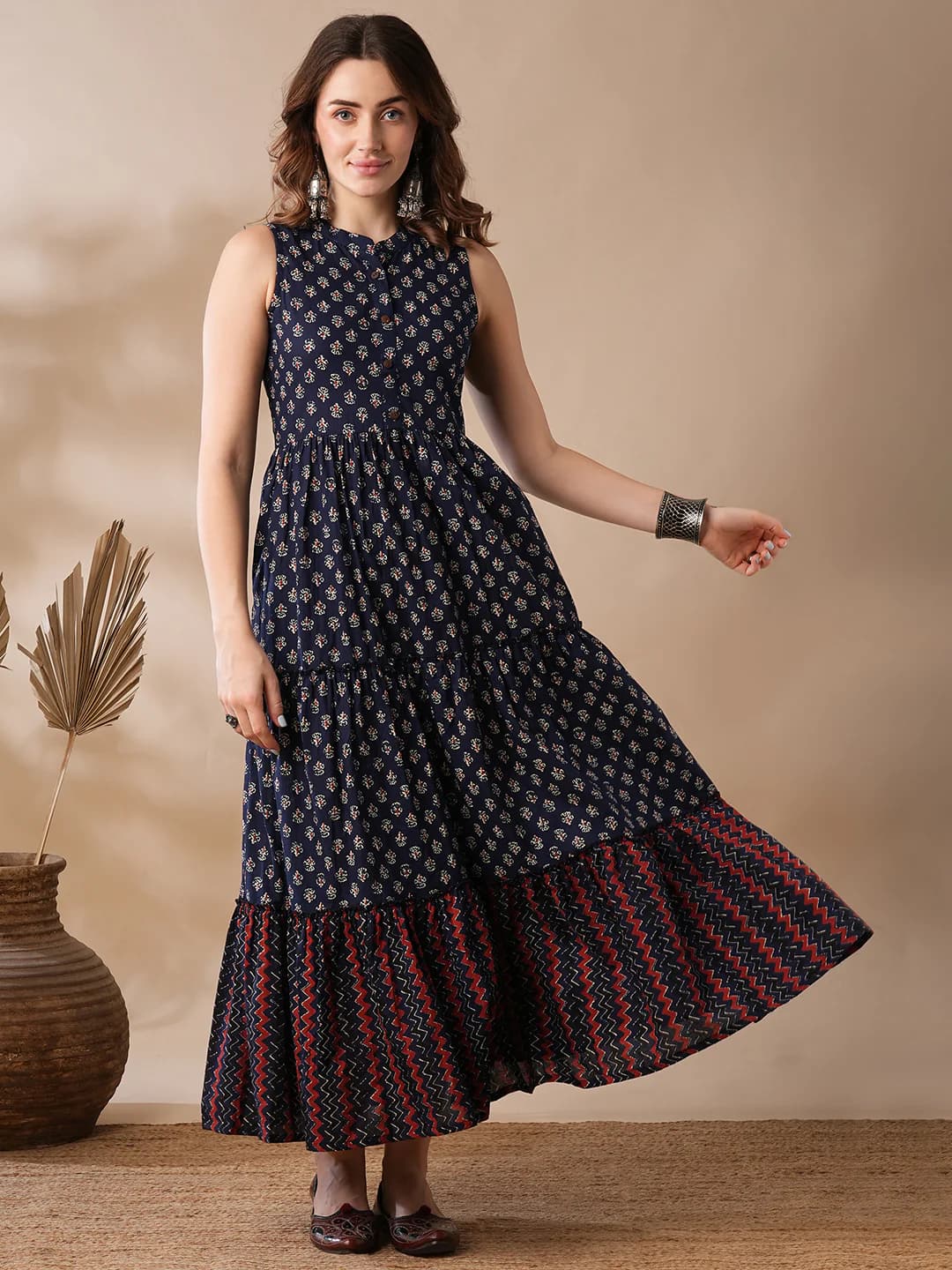 Women's Blue Casual Sleeveless Printed Fit & Flared Dress