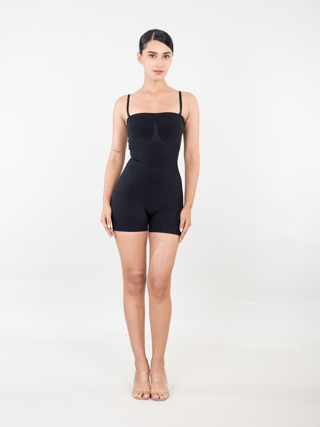 Women's Black Strapless Mid Thigh Bodysuit - Body Shaper