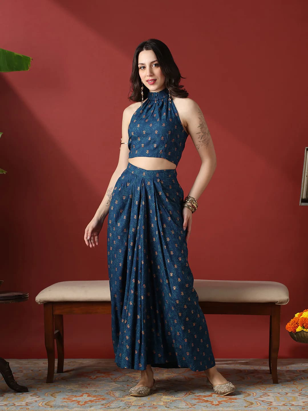 Women's Navy Party Regular Fit Floral Sleeveless Co-ords Set