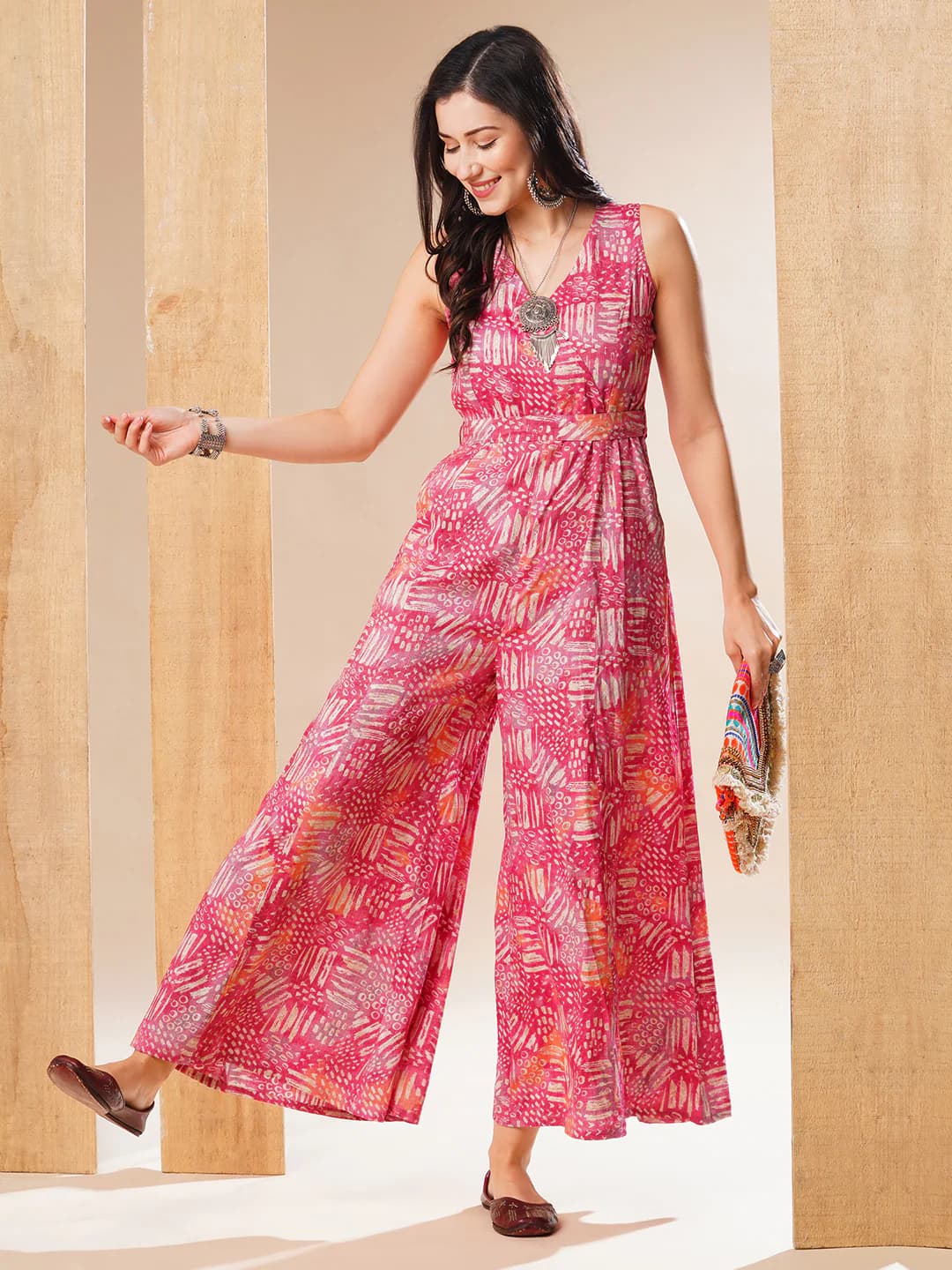 Women's Pink Casual Regular Fit Printed Sleeveless Jumpsuits