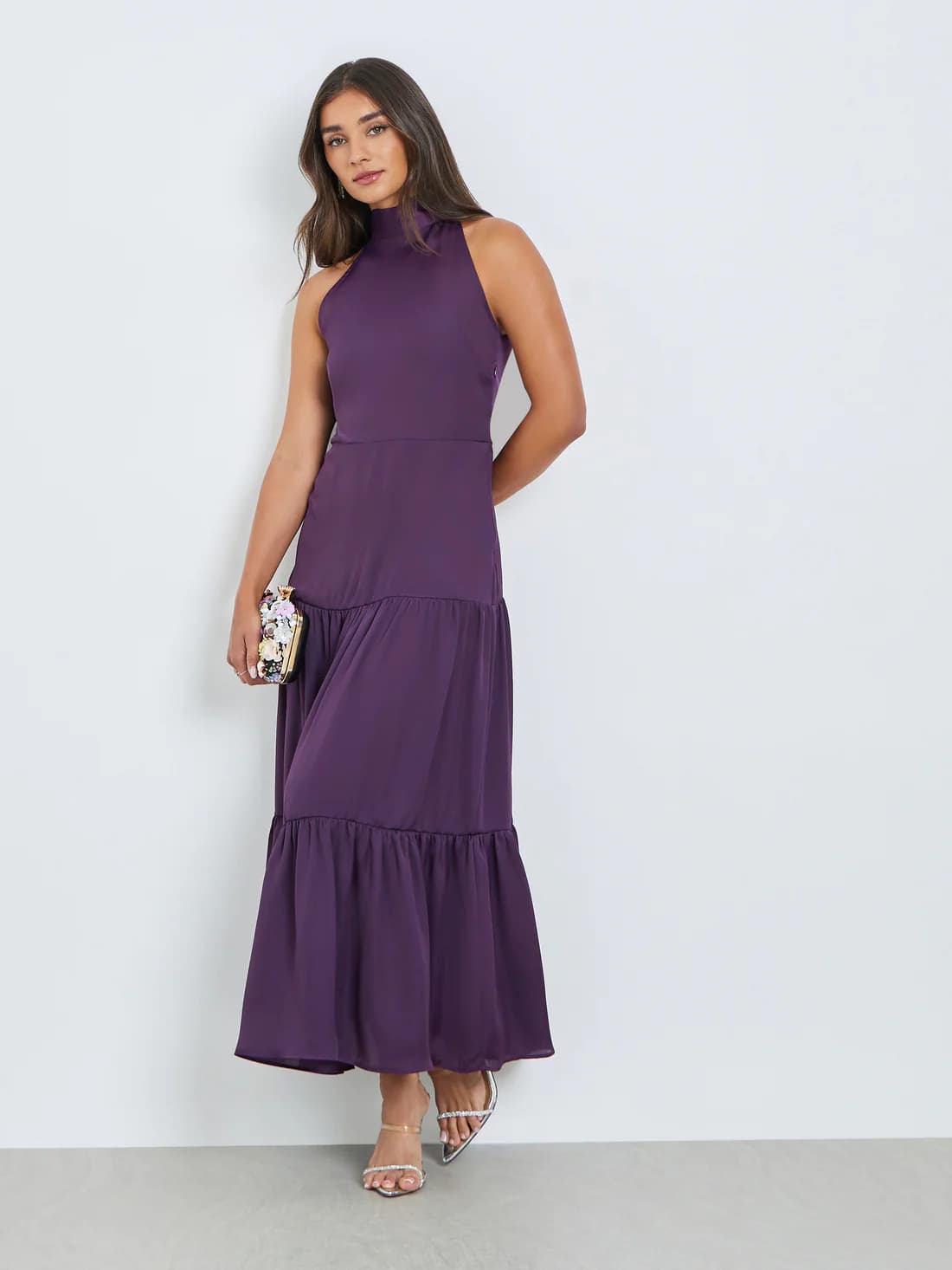 Women's Purple Solid Sleeveless Synthetic Party Sheath Maxi Dress