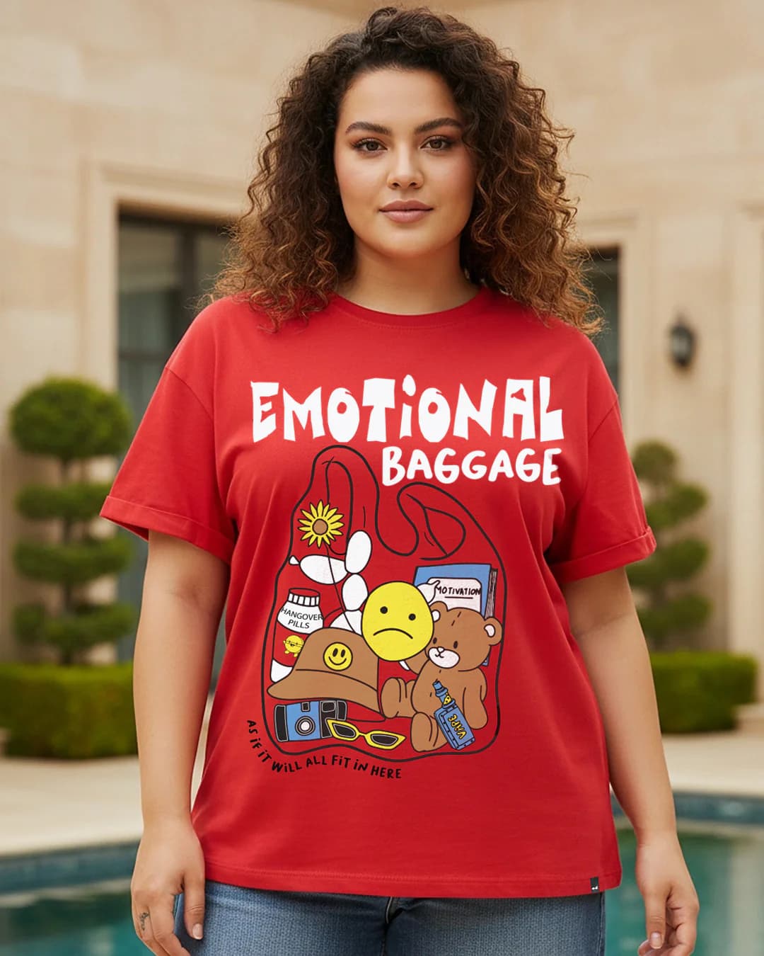 Women's Bold Red Emotional Baggage Graphic Printed Boyfriend Plus Size Tshirt