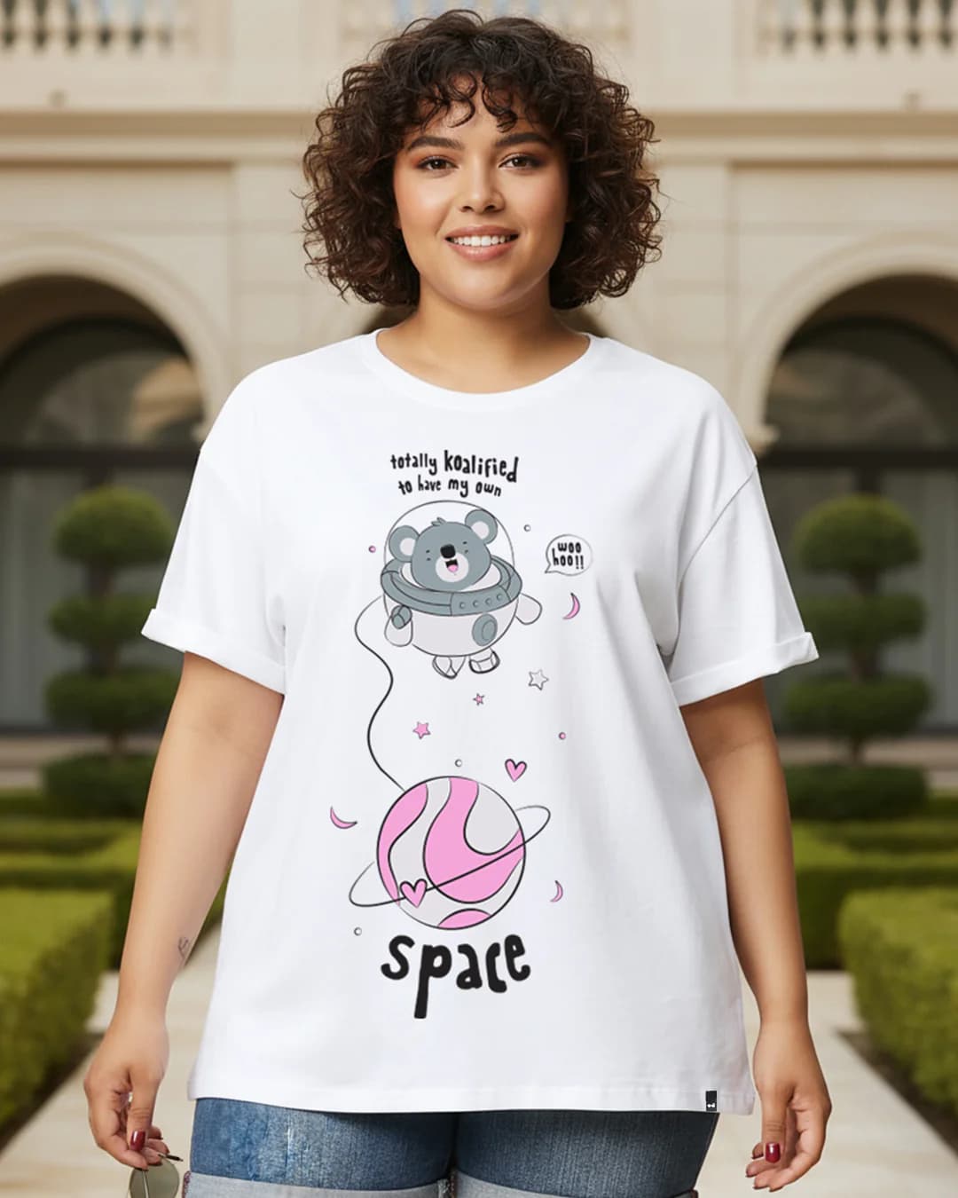 Women's White Totally Koalified Graphic Printed Boyfriend Plus Size Tshirt