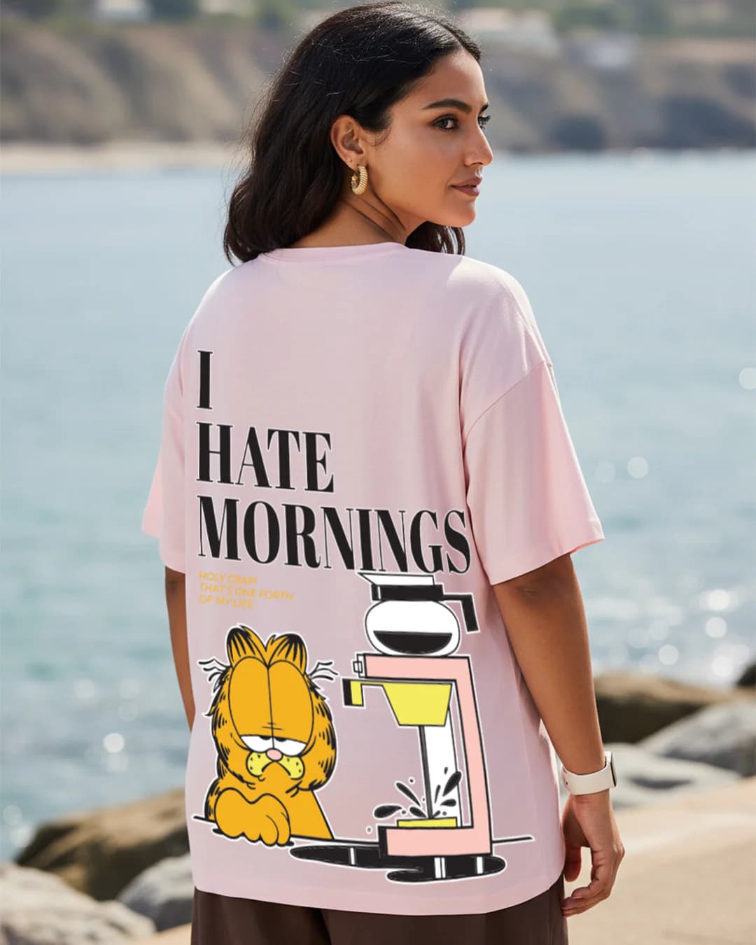 Women's Tendor Touch Pink Garfield Hates Mornings Graphic Printed Oversized Plus Size Tshirt