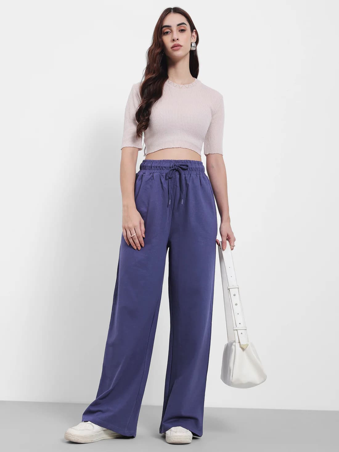 Women's Navy Casual Solid Flared Fit High Rise Joggers