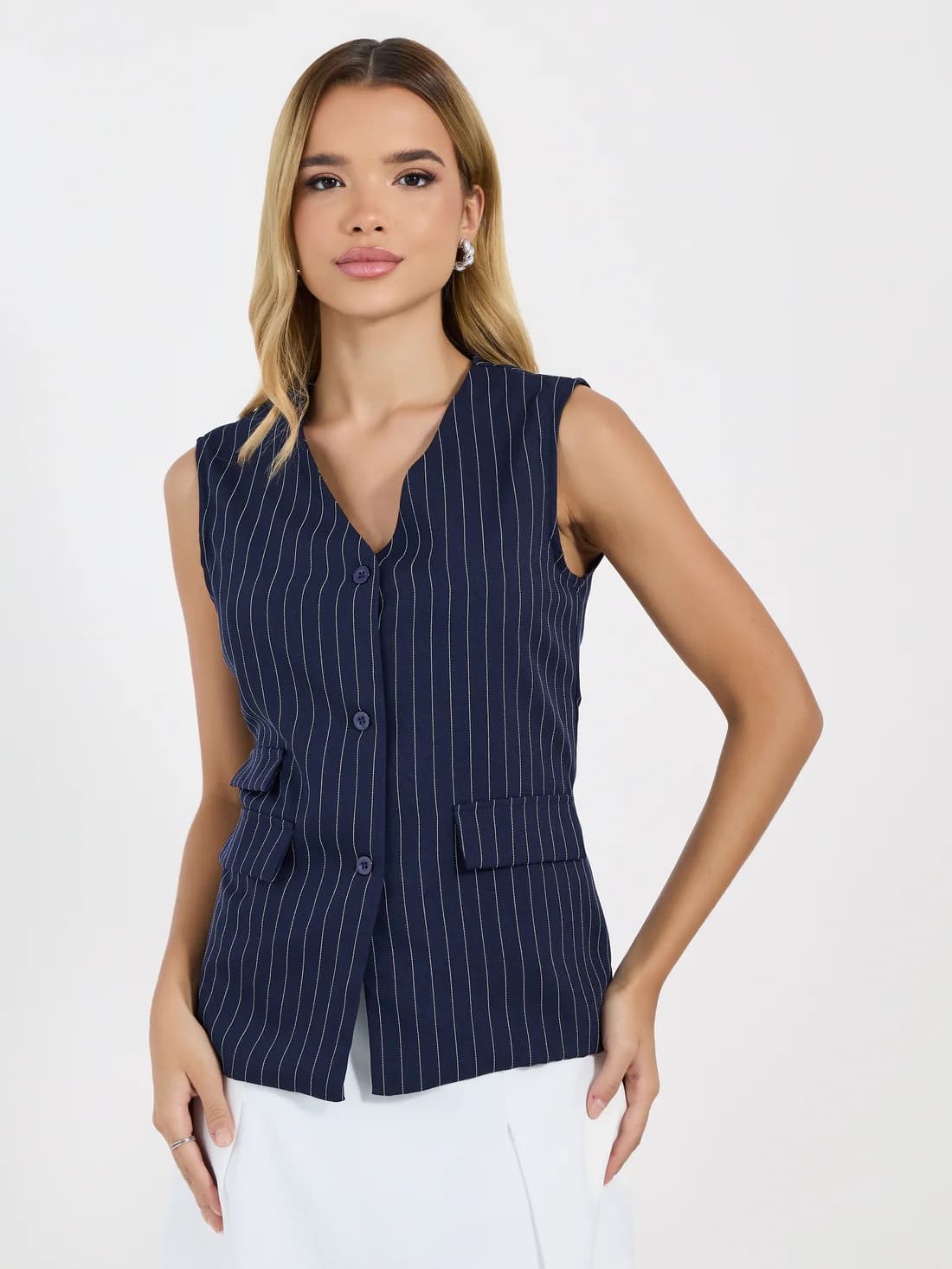 Women's Navy Casual Striped Sleeveless V-Neck Waistcoat
