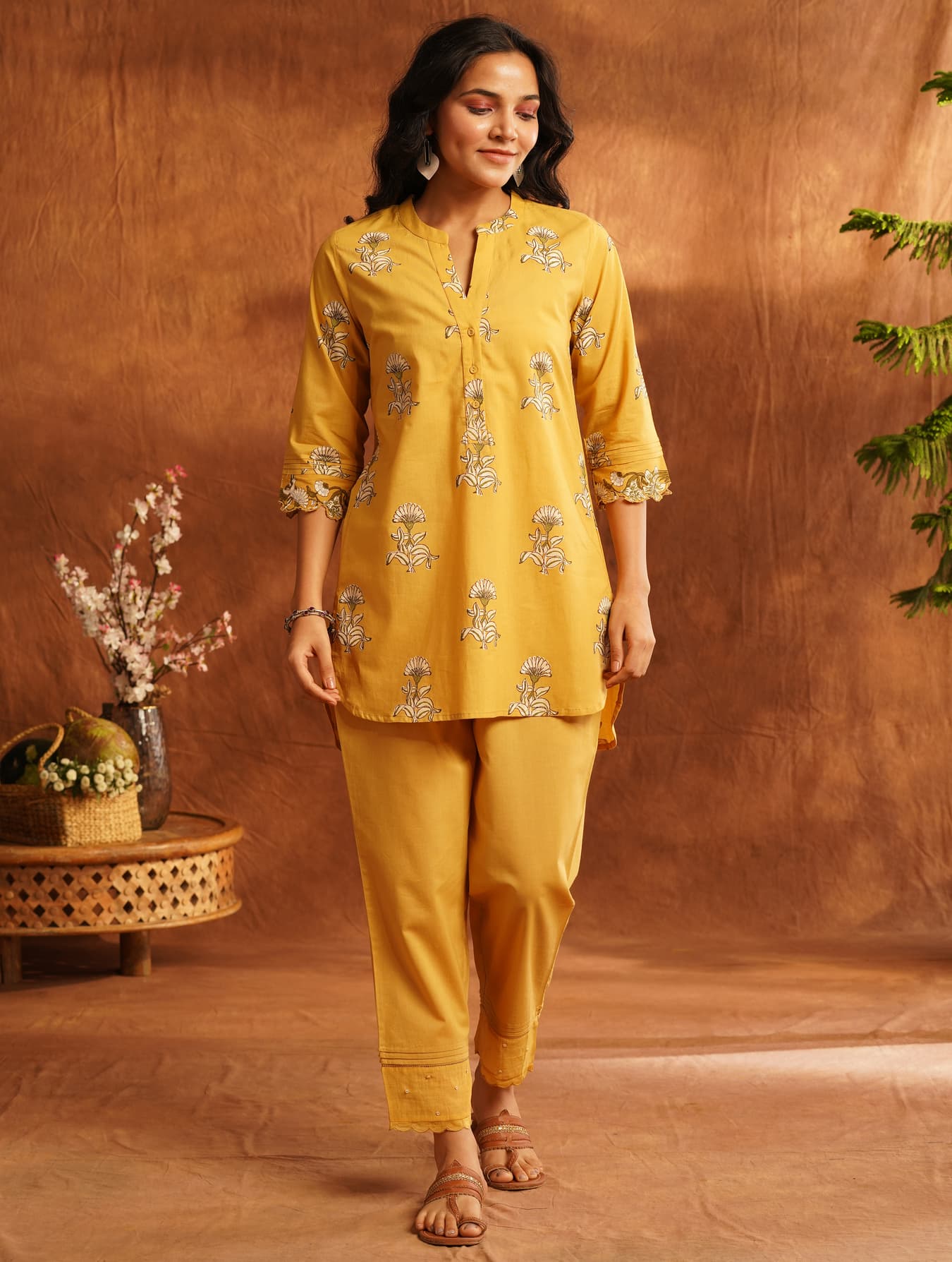 Women's Yellow Casual Regular Fit Printed Three Quarter Sleeves Co-ords Set