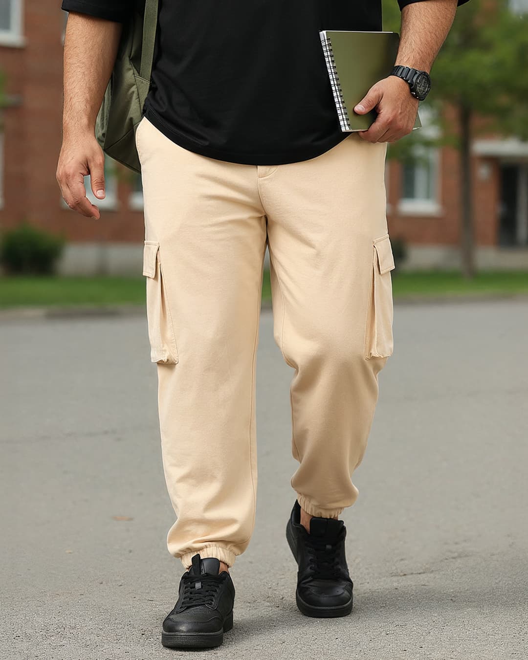 Men's Beige Baggy Fit Plus Size Cargo Joggers