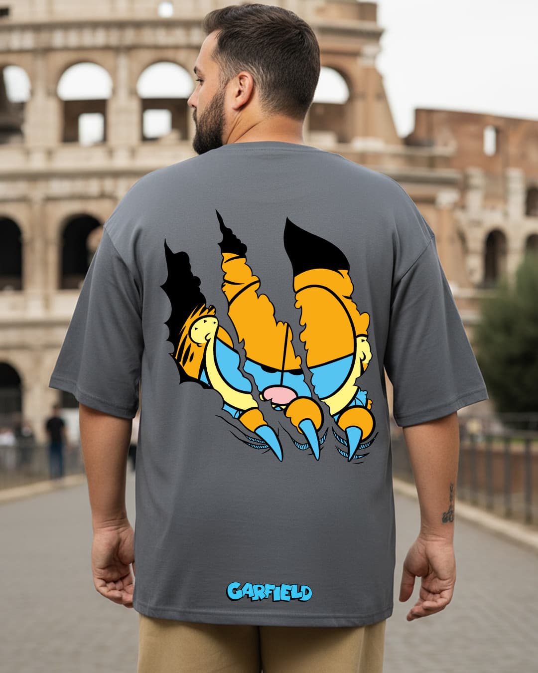 Men's Dark Shadow Grey Smiling Cat Graphic Printed Oversized Fit Plus Size Tshirt
