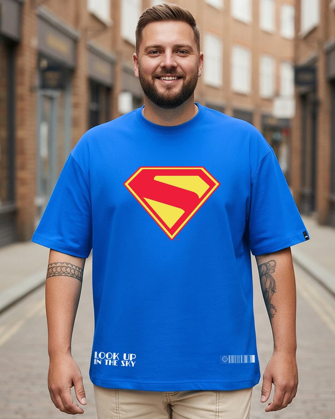 Men's Blue Superman Logo Graphic Printed Oversized Fit Plus Size Tshirt