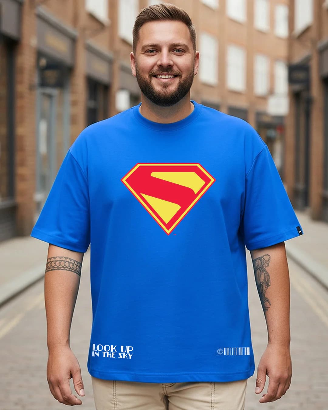 Men's Blue Superman Logo Graphic Printed Oversized Fit Plus Size Tshirt