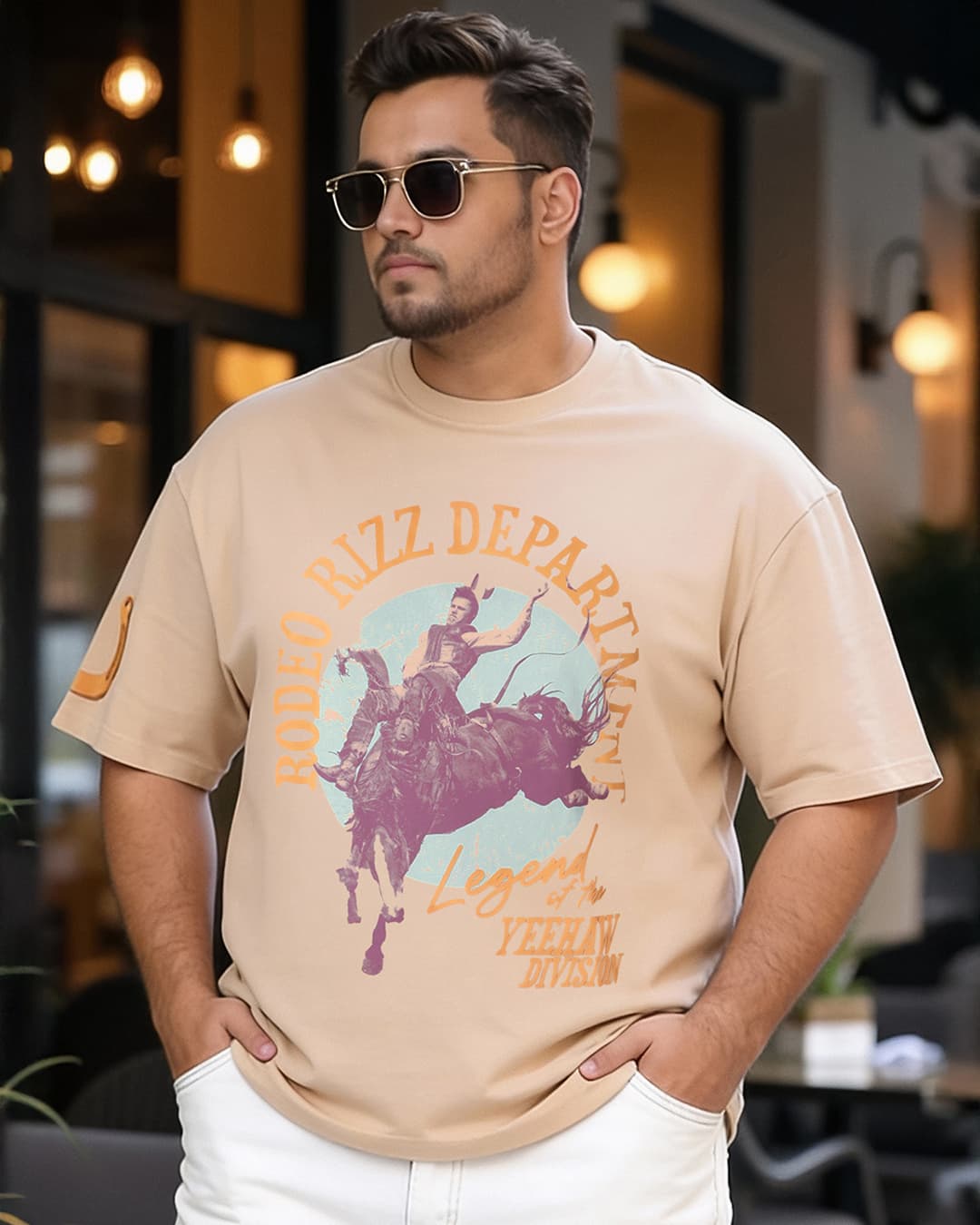 Men's Ginger Root Beige Rodeo Rizz Dept Graphic Printed Oversized Fit Plus Size Tshirt