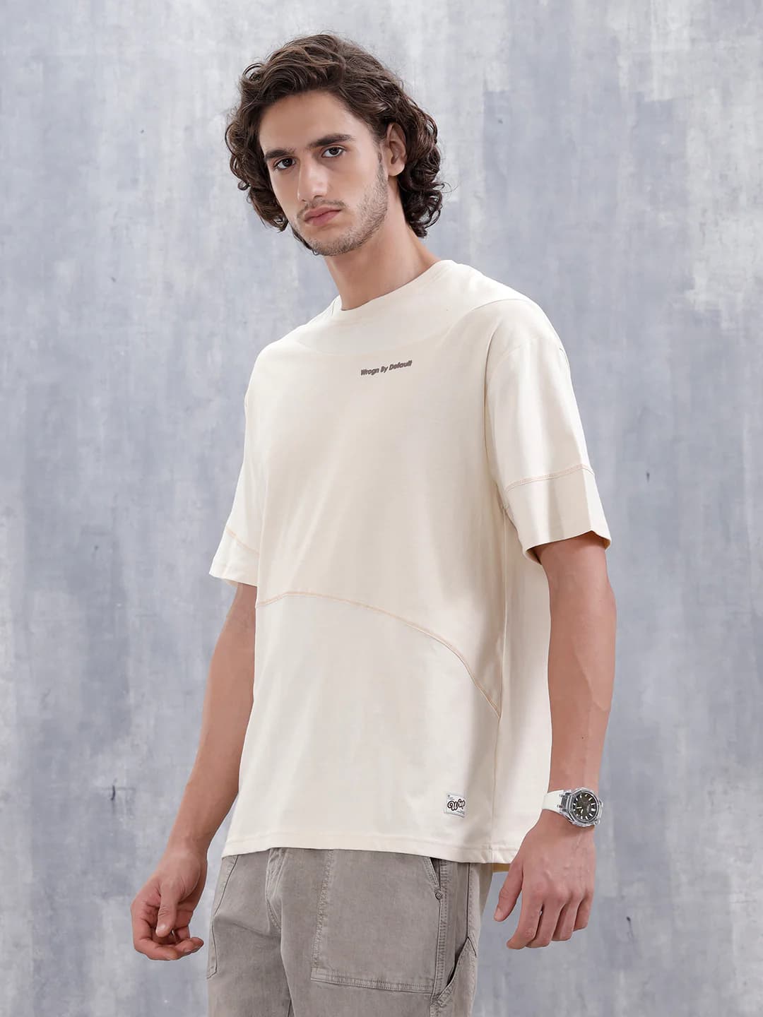 Men's Beige Casual Oversized Fit with Flat Lock Detail Tshirt
