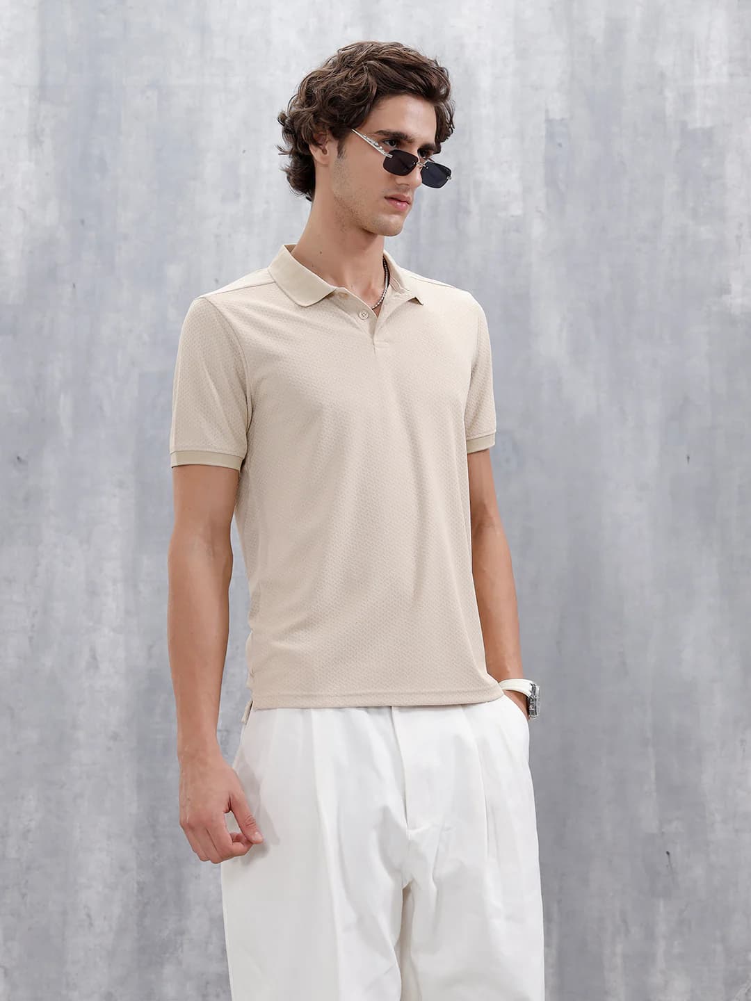 Men's Beige Casual Slim Fit Textured Polo Tshirt