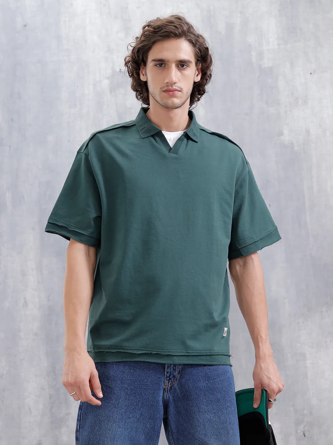 Men's Green Casual Oversized Fit Johnny Collar Tshirt
