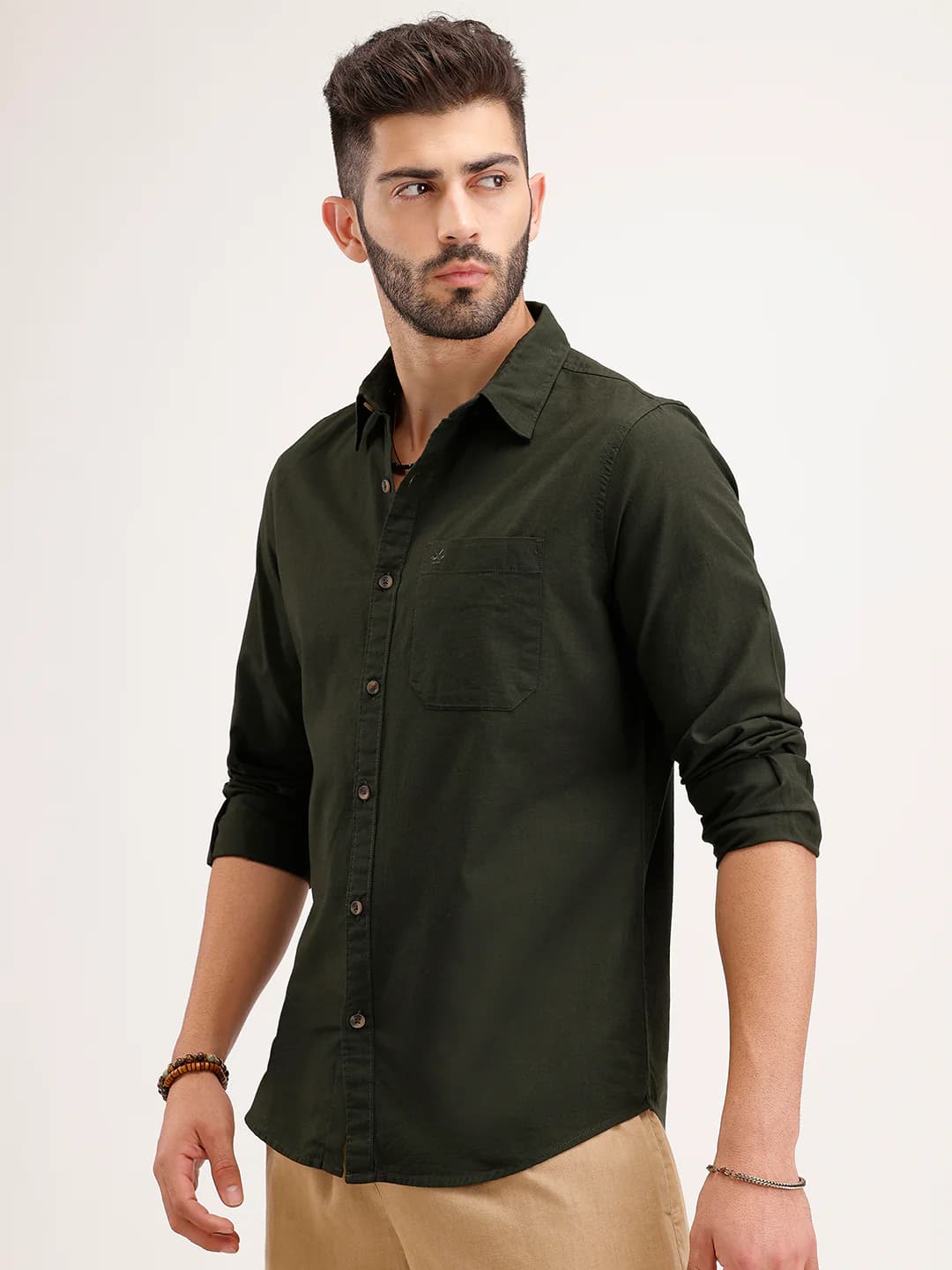 Men's Green Casual Solid Regular Fit Linen Blend Shirt