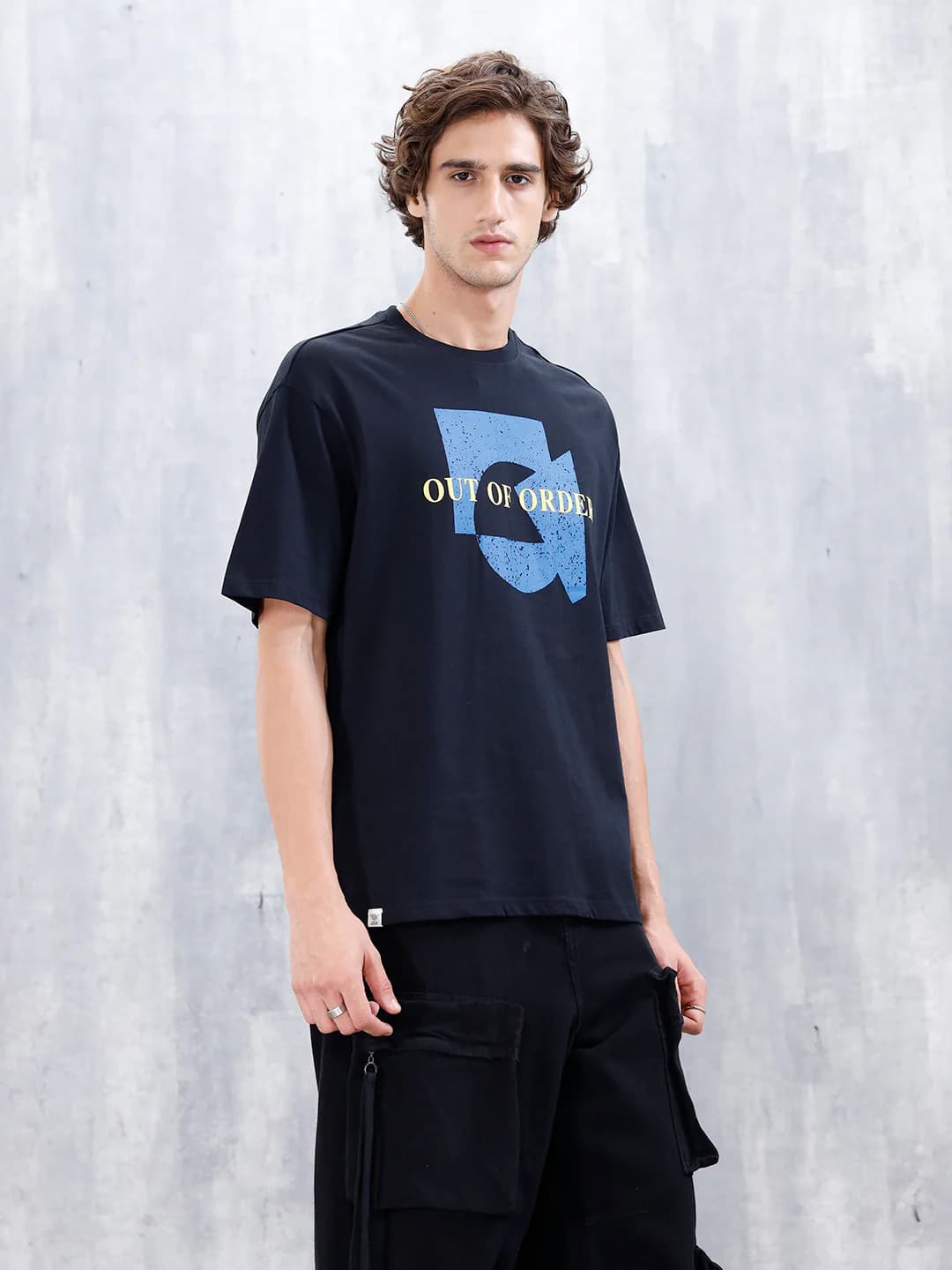 Men's Black Distressed Effect Printed Graphic Tshirt