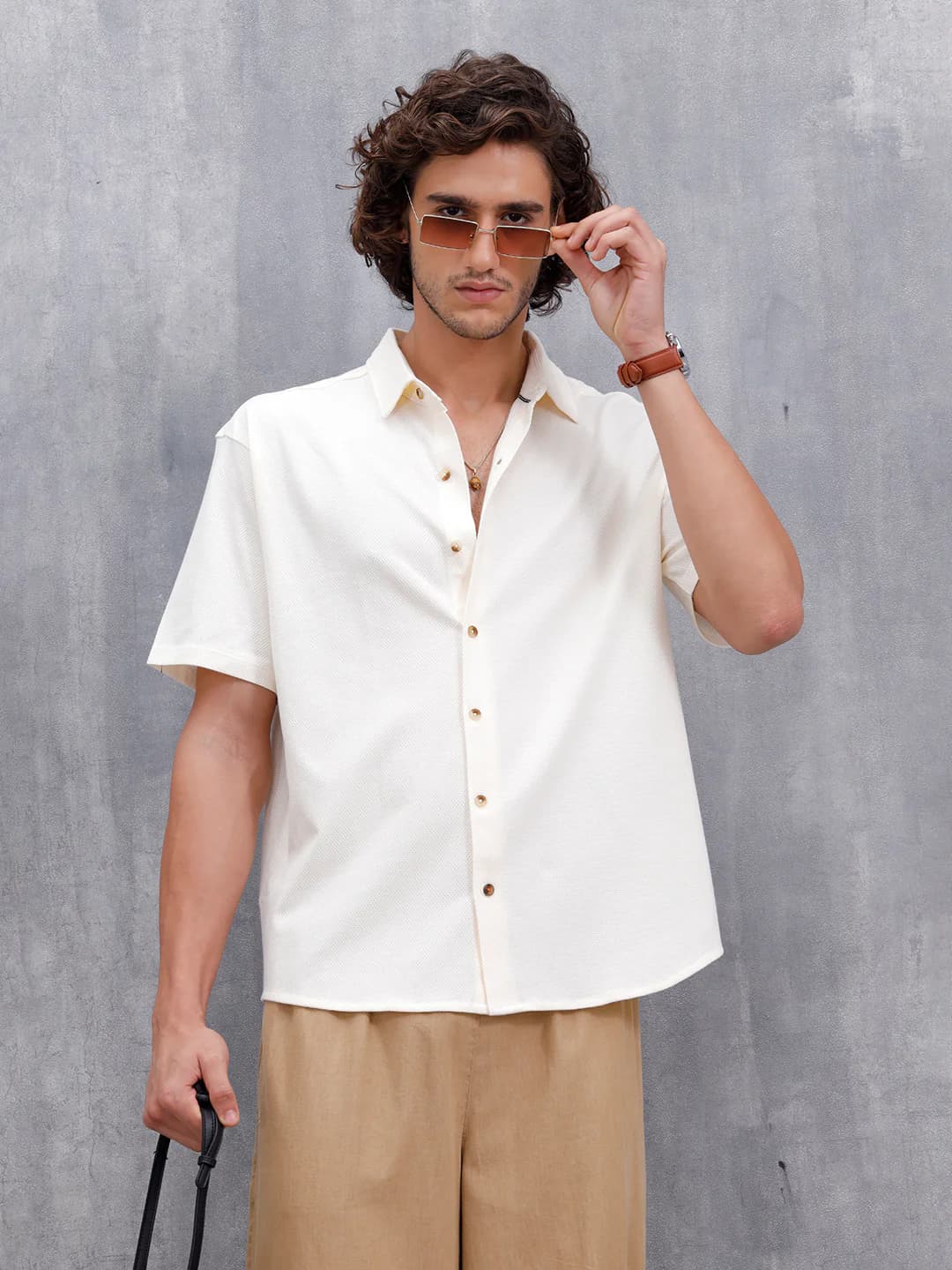 Men's White Casual Knit Popcorn Texture Slim Fit Shirt