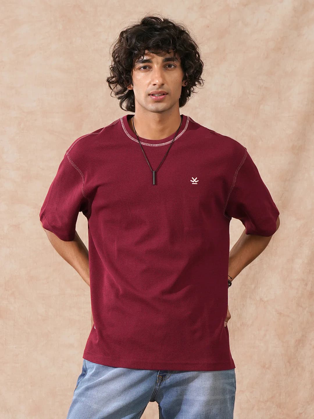 Men's Red Casual Textured Waffle Knit Tshirt