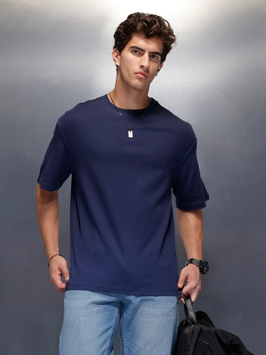 Men's Navy Casual Solid Textured Tshirt