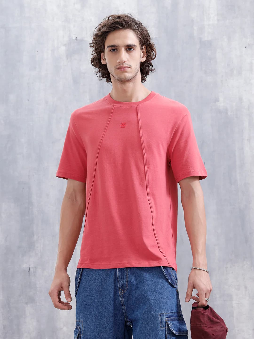 Men's Red Casual Solid Comfort Fit with Pipping Detail Tshirt