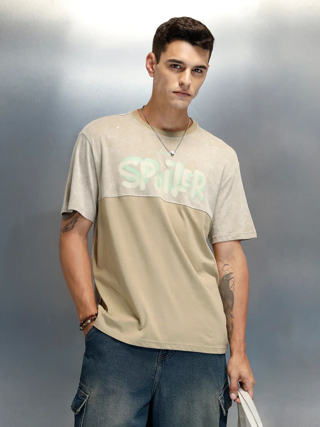 Men's Green Casual Washed Graphic Printed Oversized Fit Tshirt