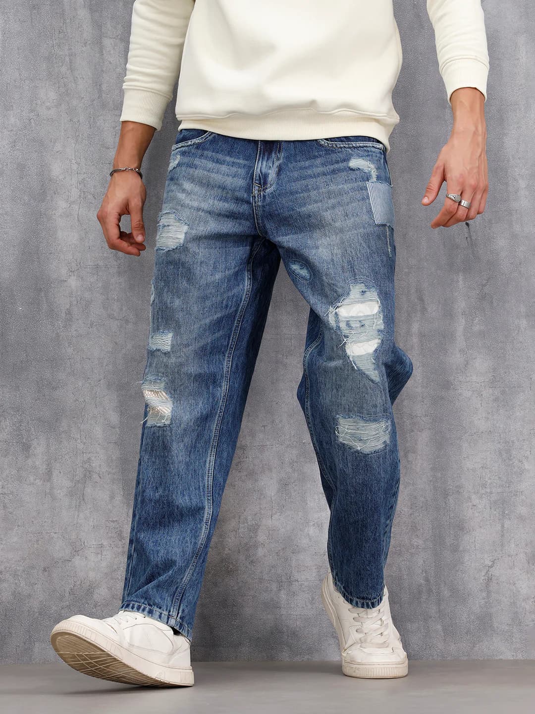 Men's Blue Casual Distressed Loose Fit Jeans