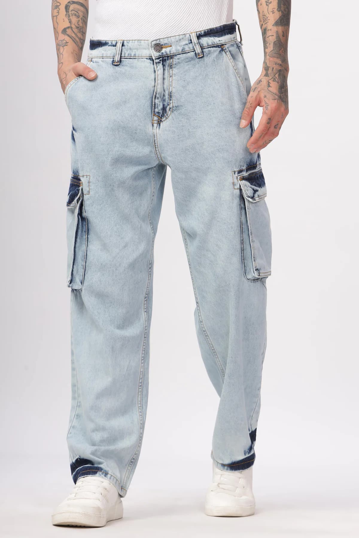Men's Blue Casual Loose Fit Cargo Jeans
