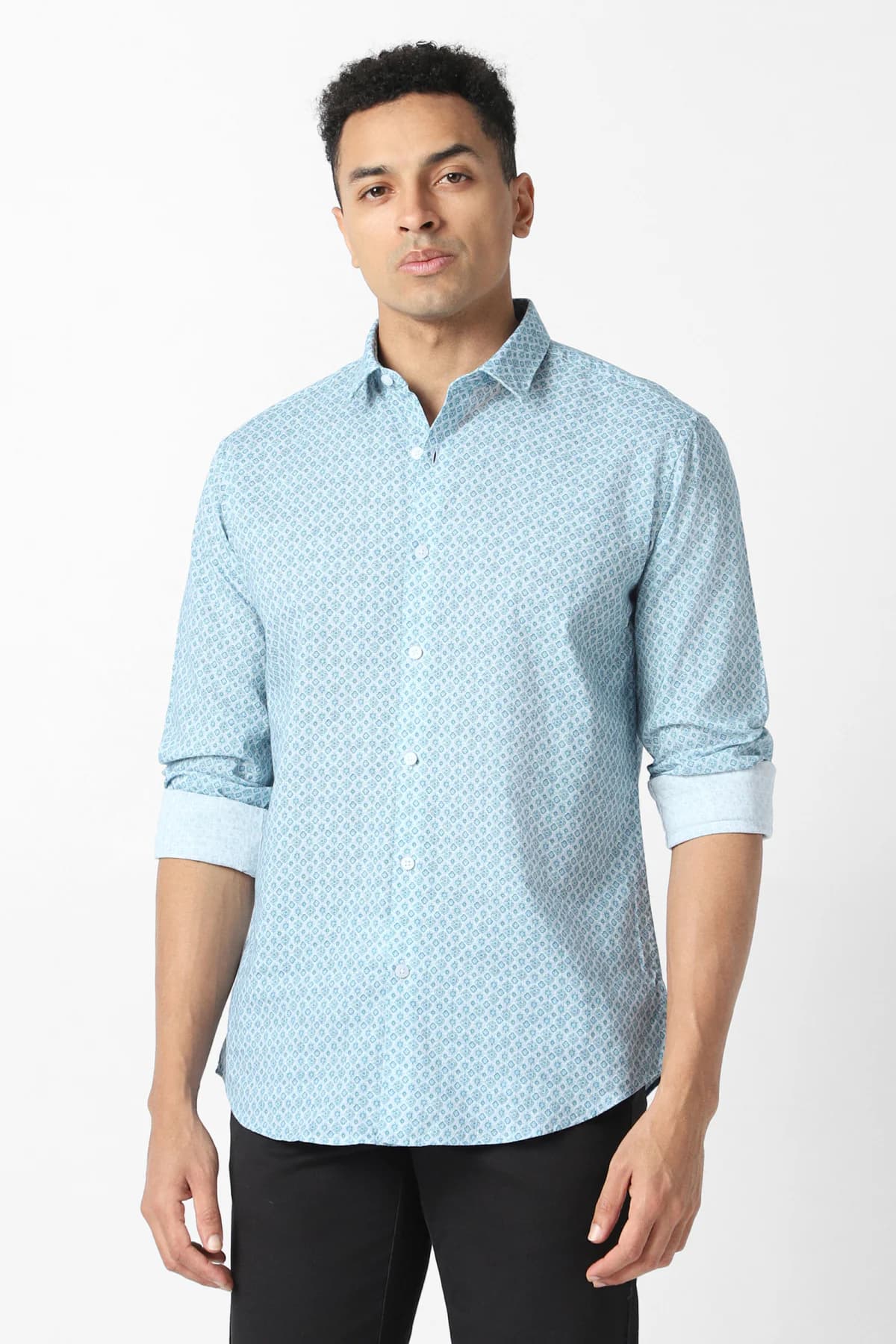 Men's Blue Caual Slim Fit Printed Full Sleeves Shirt