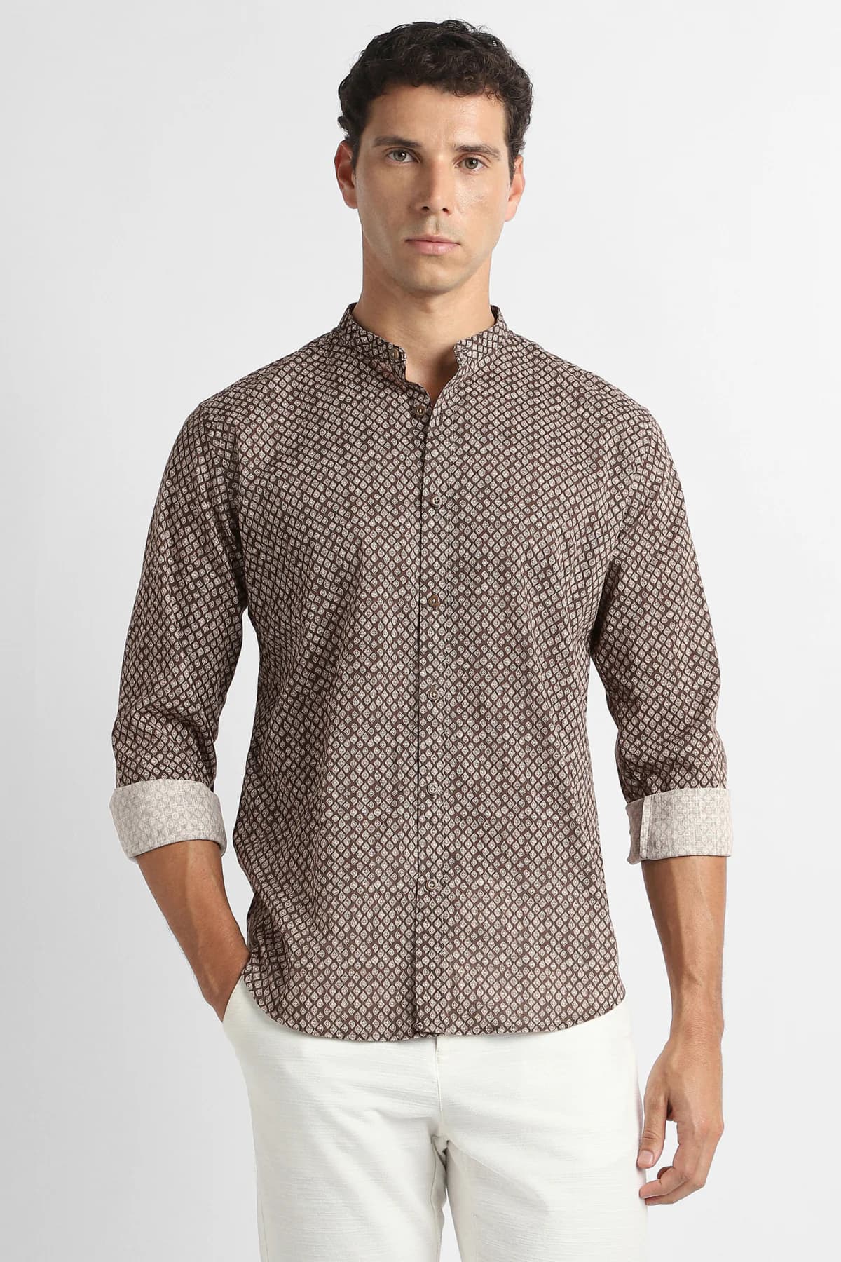 Men's Brown Caual Slim Fit Printed Full Sleeves Shirt
